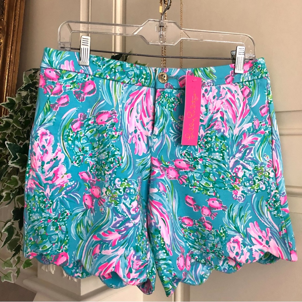 Lilly Pulitzer Teal Pink & Green Floral Scallop Hem Bermuda Shorts